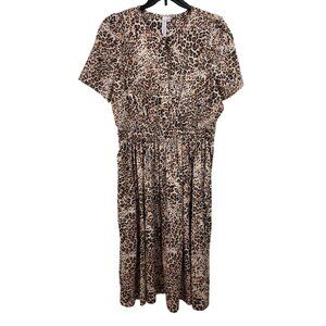 Grace + Karma Leopard Print Short Sleeve Midi Dress With Smocked Waist 2X